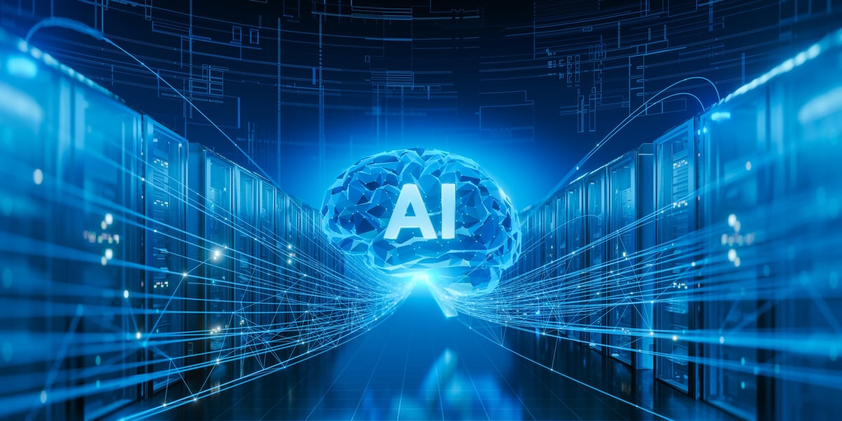Artificial intelligence concept with glowing polygonal brain connected to server racks