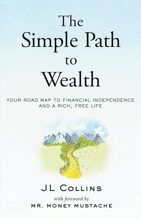 Book cover for The Simple Path to Wealth by JL Collins, featuring a winding yellow path through mountains and green landscape
