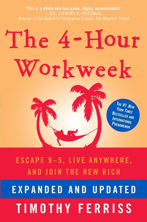 Book cover of The 4-Hour Workweek by Timothy Ferriss, showing a hammock between two palm trees on a peach background with red text